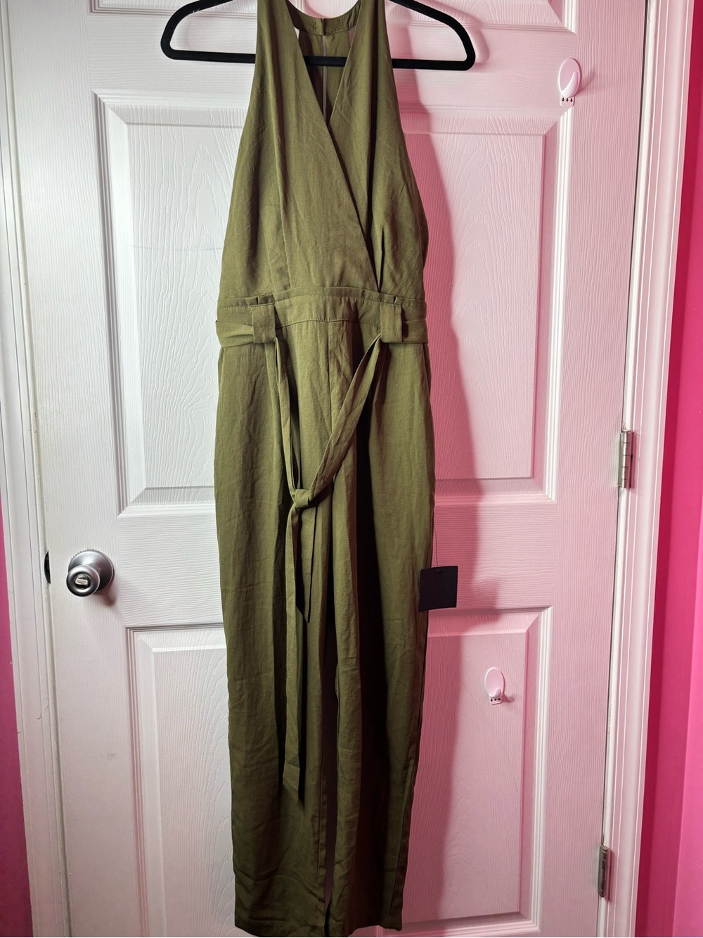Lulus Olive Green Halter Wide Leg Jumpsuit Tie Waist Size Small